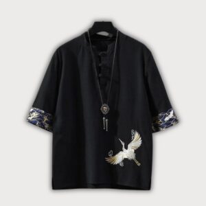 Chemise style kimono homme lin vert — Mori vue 5