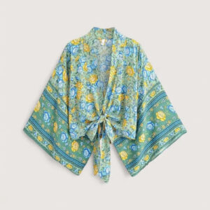 Haut kimono court bleu fleuri — Mizuiro