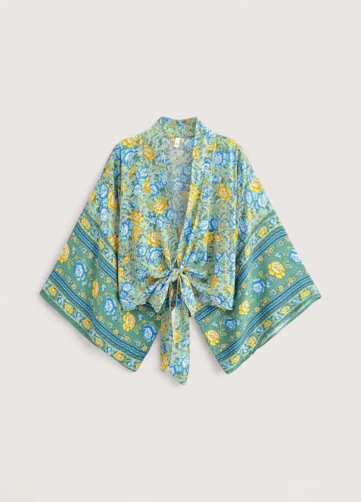 Haut kimono court bleu fleuri — Mizuiro