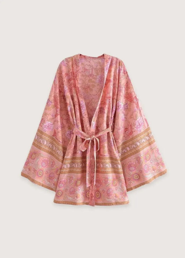 Kimono bohème court fleuri rose — Ayame