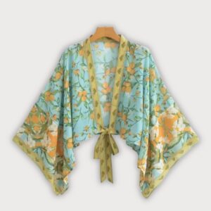 Kimono court bleu cache-cœur bohème