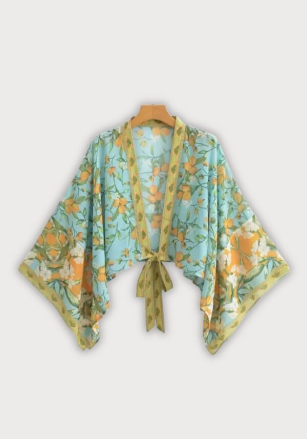 Kimono court bleu cache-cœur bohème