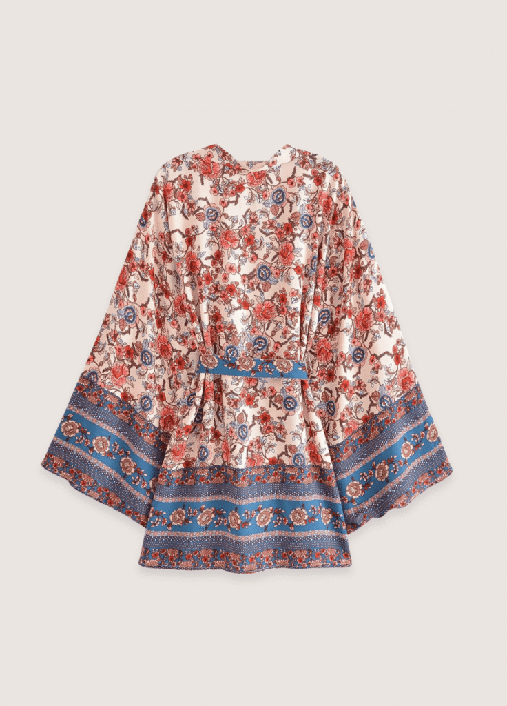 Kimono court bohème abricot et bleu