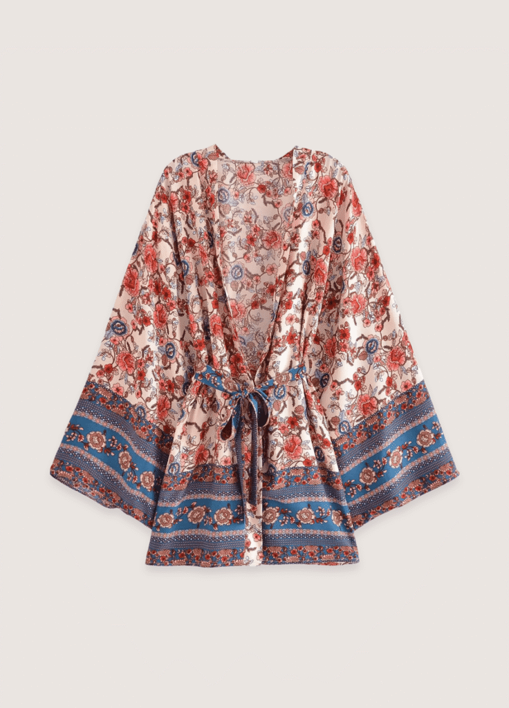Kimono court bohème abricot et bleu