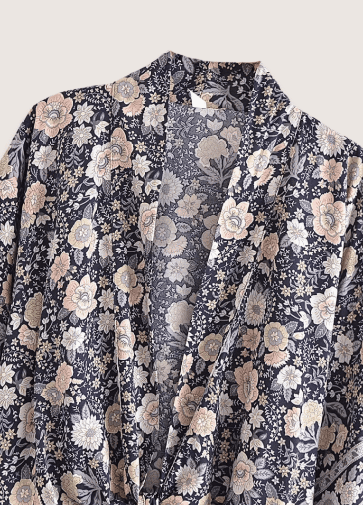 Kimono court bohème gris et rose
