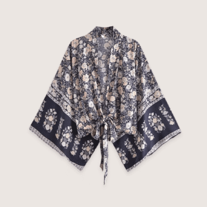 Kimono court bohème gris et rose