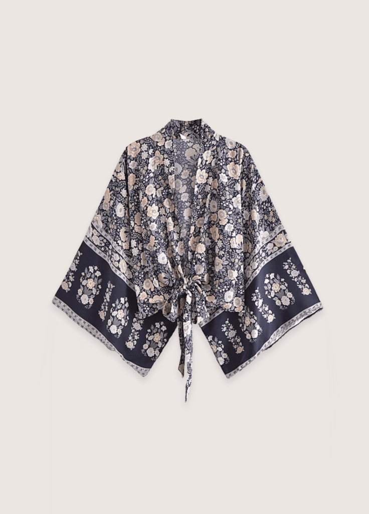 Kimono court bohème gris et rose