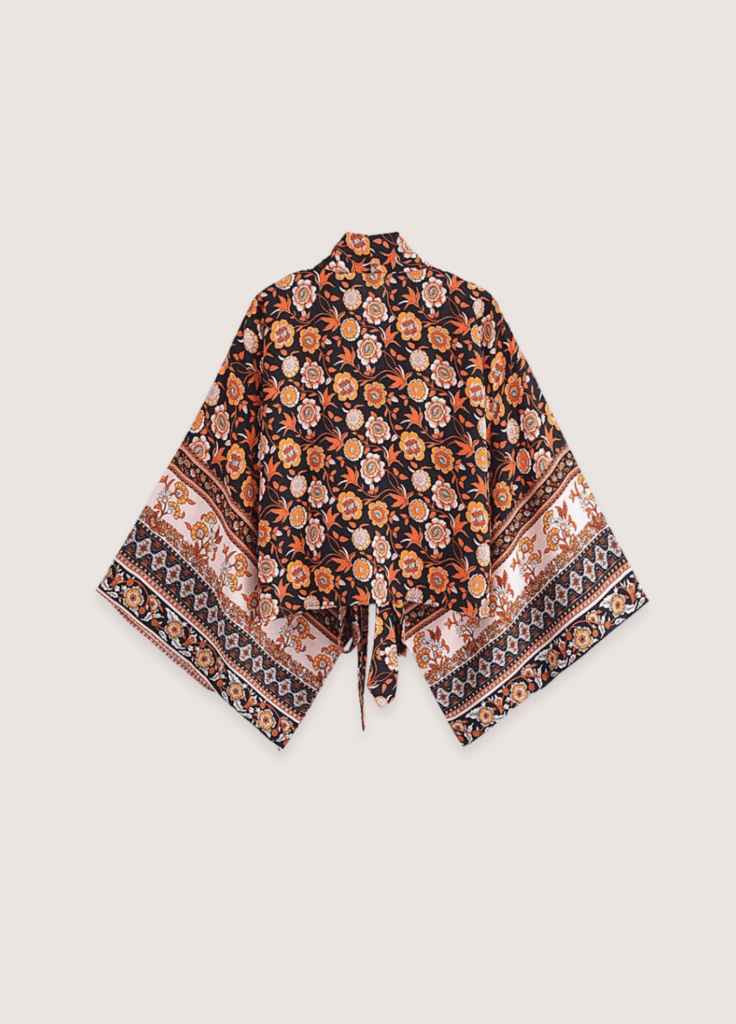 Kimono court bohème orange et noir