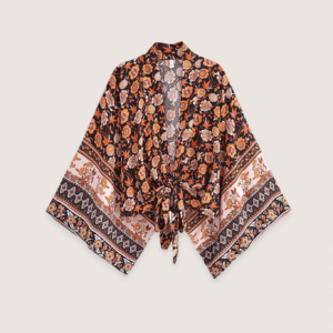 Kimono court bohème orange et noir