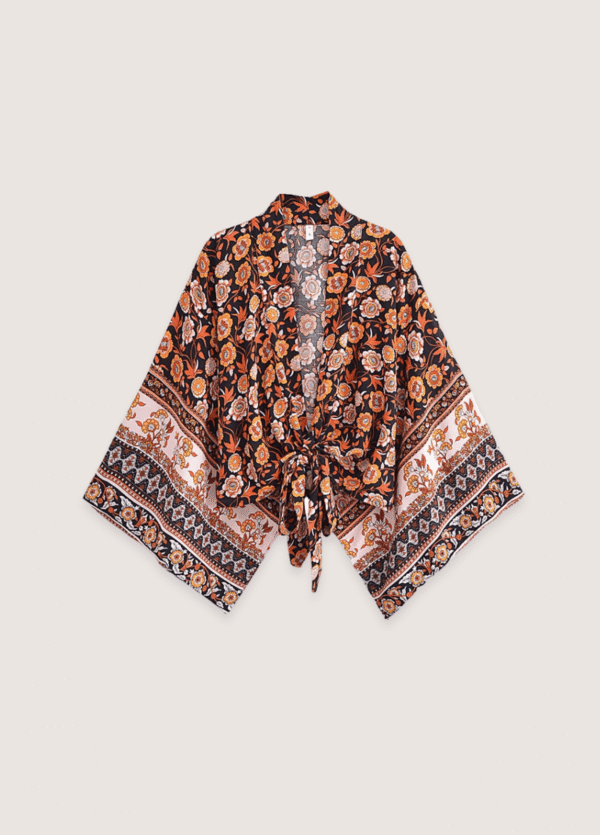 Kimono court bohème orange et noir