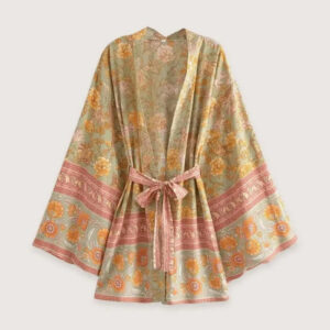 Kimono court femme orange fleuri — Aoi
