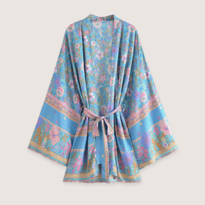 Kimono court fleuri bleu et rose