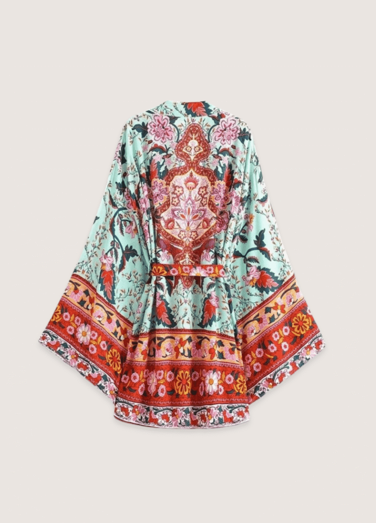 Kimono court floral vert grisé