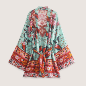 Kimono court floral vert grisé