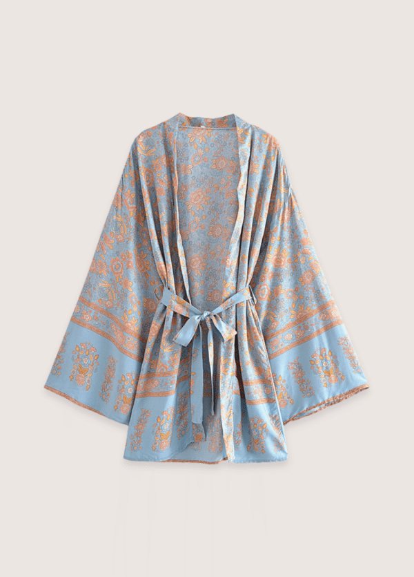 Kimono court fleuri bleu-gris et rosé