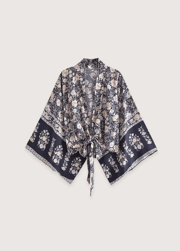 Kimono court fleuri gris et rose — Sango
