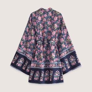 Kimono court fleuri rose et bleu nuit vue 2