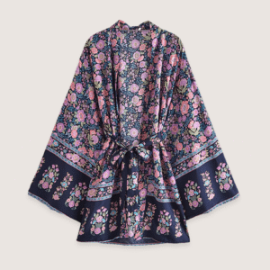 Kimono court fleuri rose et bleu nuit