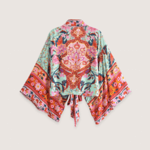 Kimono court fleuri vert grisé vue 2