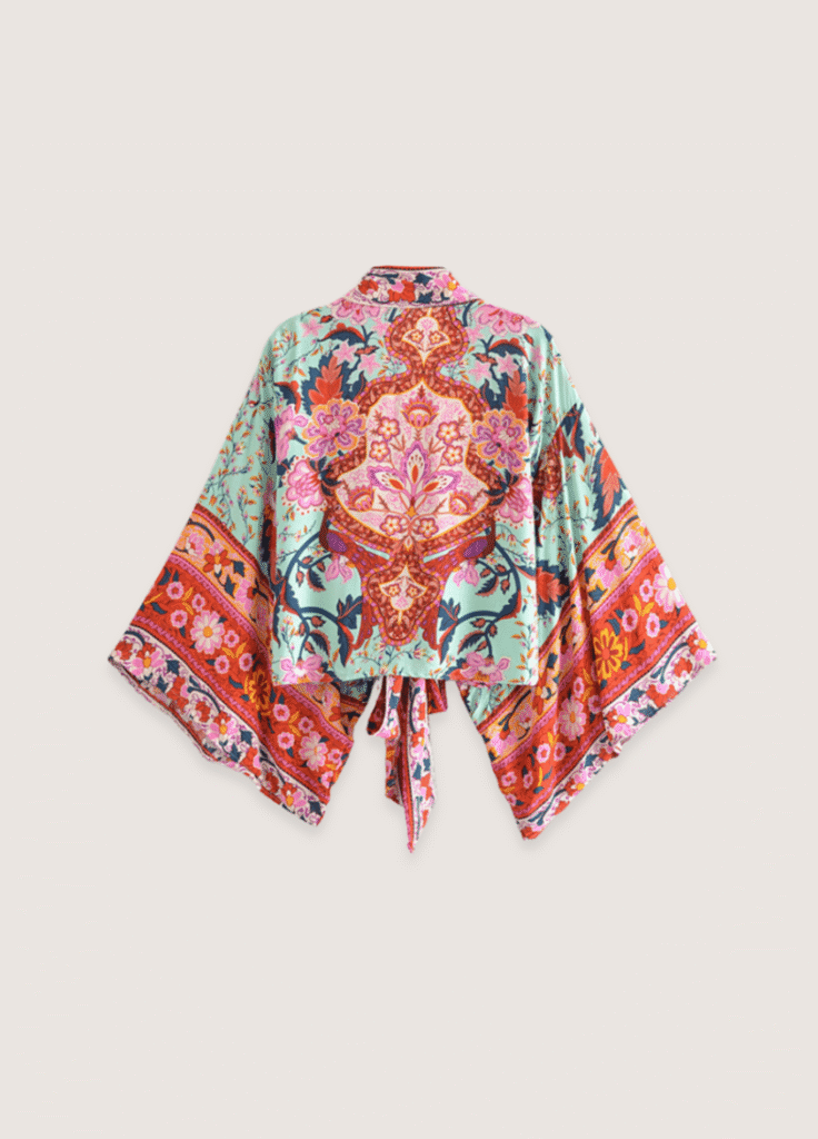 Kimono court fleuri vert grisé