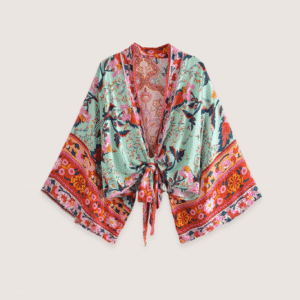 Kimono court fleuri vert grisé