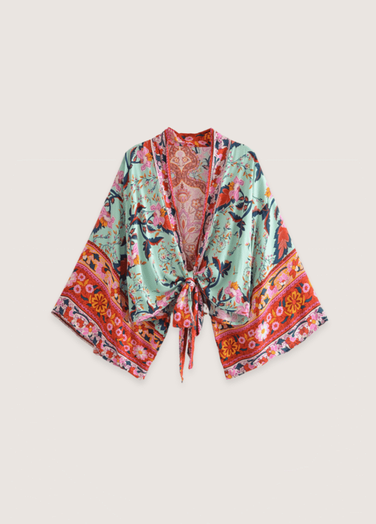 Kimono court fleuri vert grisé