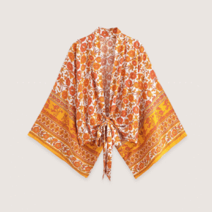 Kimono court jaune fleuri