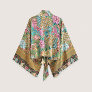 Kimono court paon fleuri vue 2