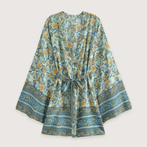 Kimono Court Bleu et Jaune Floral Femme — Plage et Ete