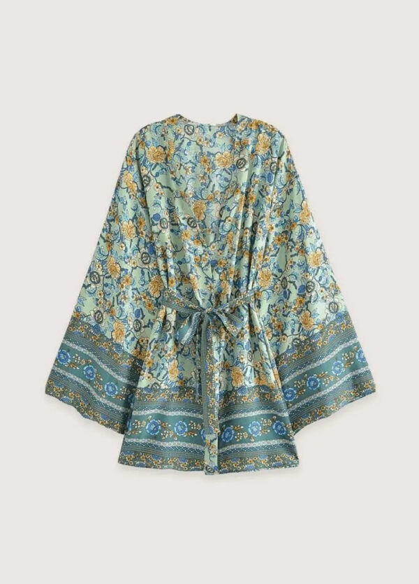 Kimono Court Bleu et Jaune Floral Femme — Plage et Ete