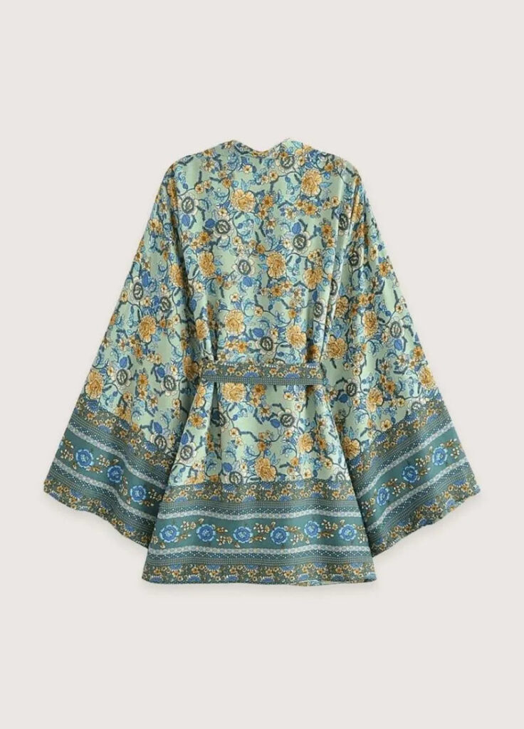 Kimono Court Bleu et Jaune Floral Femme — Plage et Ete