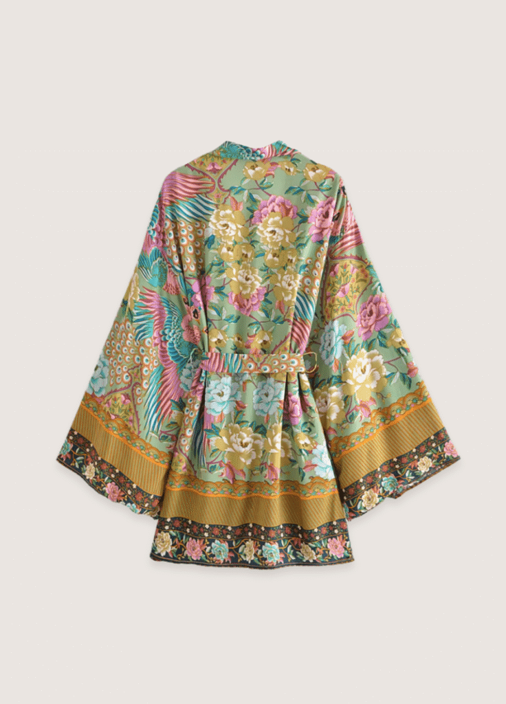 Kimono court plage paon fleuri