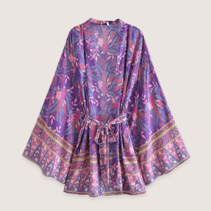 Kimono court plage violet fleuri