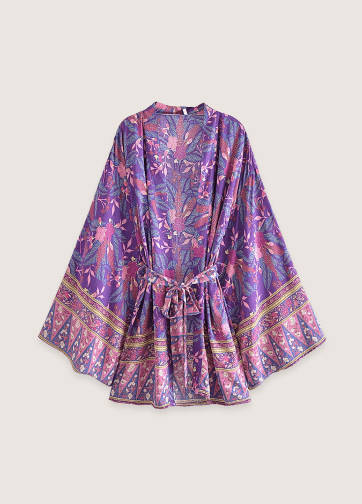 Kimono court plage violet fleuri