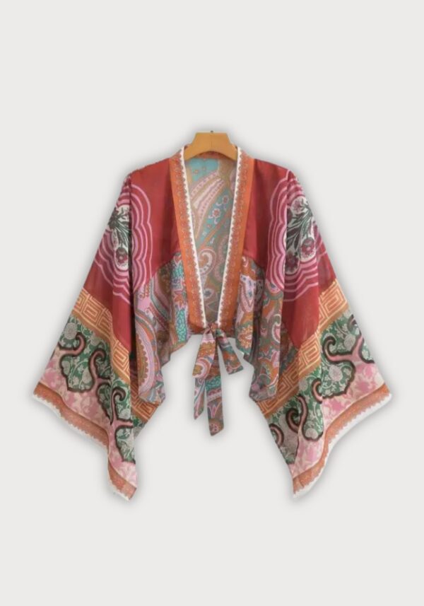 Kimono court rouge cache-cœur bohème