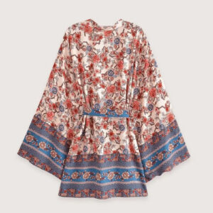 Kimono Court Rouge Floral Femme — Motifs Japonais Boheme vue 2