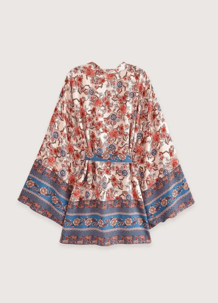 Kimono Court Rouge Floral Femme — Motifs Japonais Boheme