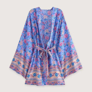 Kimono Court Fleuri Bleu et Rose Femme — Plage et Vacances