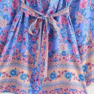 Kimono Court Fleuri Bleu et Rose Femme — Plage et Vacances vue 4
