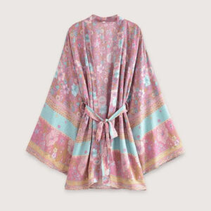 Kimono femme court fleuri rose et bleu — Momo