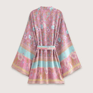 Kimono femme court fleuri rose et bleu — Momo vue 2