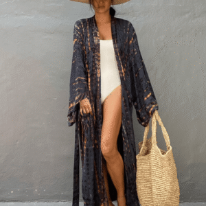 Kimono long anthracite à imprimé Tie Dye avec ceinture