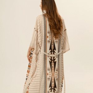 Kimono long beige à motif géométrique tribal vue 2