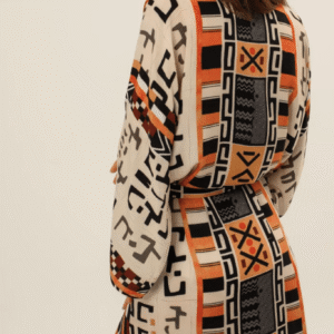 Kimono long beige gris à motif géométrique tribal vue 2