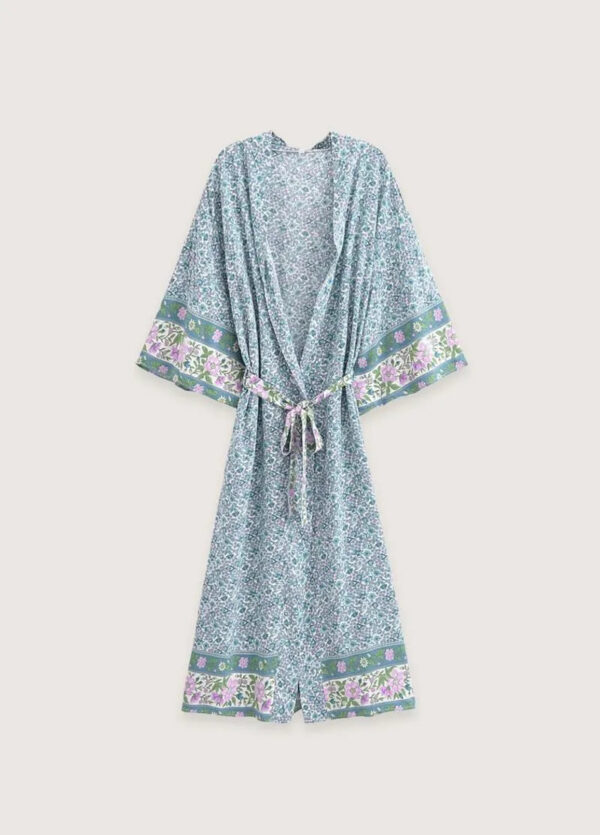 Kimono Long Bleu Floral Femme — Motifs Botaniques Japonais