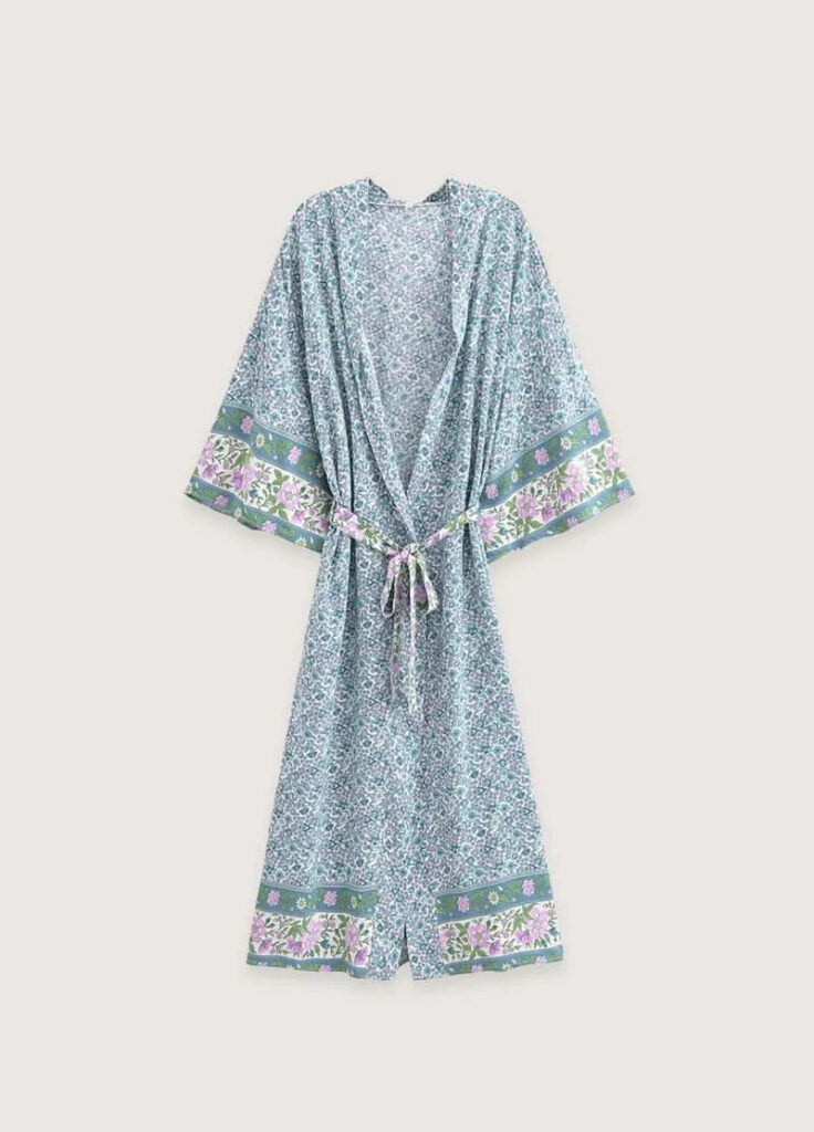 Kimono Long Bleu Floral Femme — Motifs Botaniques Japonais
