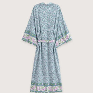 Kimono Long Bleu Floral Femme — Motifs Botaniques Japonais vue 2