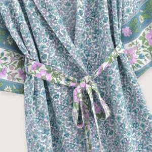 Kimono Long Bleu Floral Femme — Motifs Botaniques Japonais vue 3