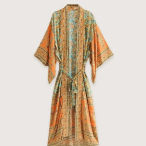 Kimono long bohème orange vert — Mikan