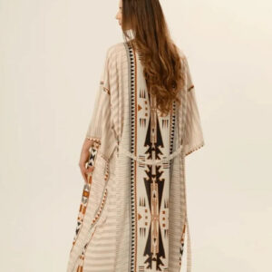 Kimono long coton ethnique beige — Toraibaru vue 2